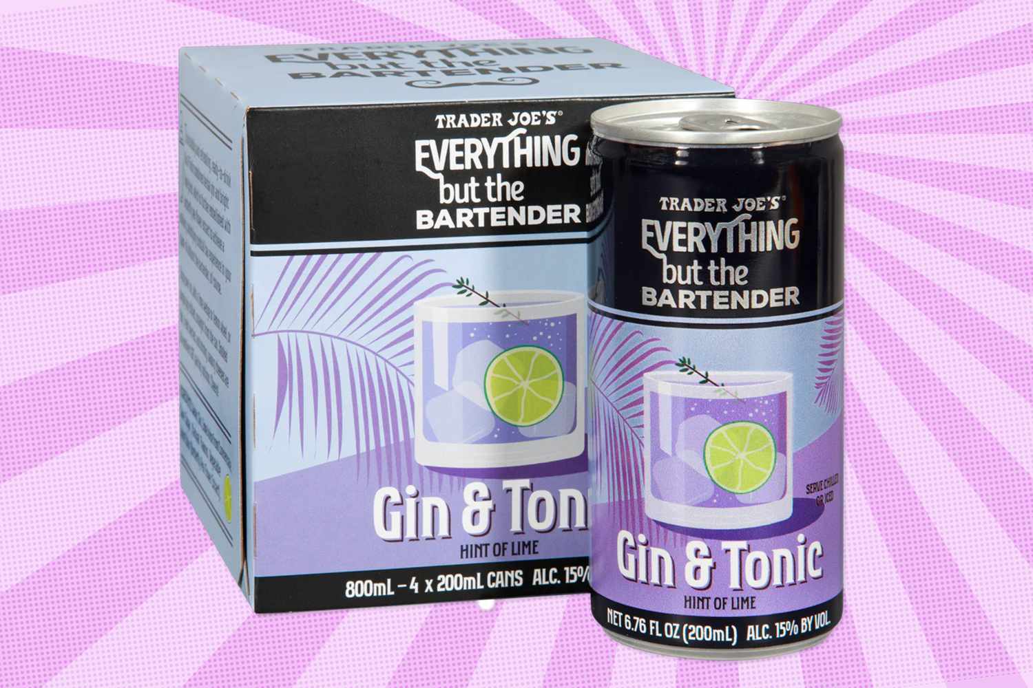 Trader Joes Everything But the Bartender Gin Tonic can and box displayed on a purple background