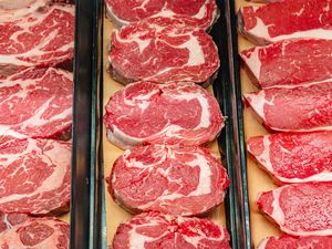 Display of fresh cuts of beef on a butchers counter