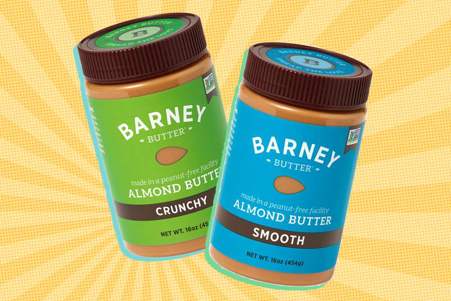 Two Barney Butter almond butter jars on an illustrated background