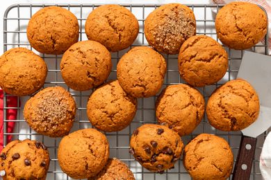 Pumpkin quickies on a cooling rack (some are plain and some were upgraded using demerera sugar and chocolate chips