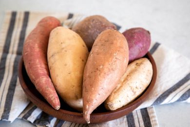 Sweet potatoes in a brown bowl