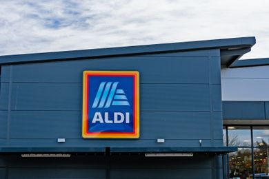 Aldi store exterior with logo showcasing the store sign on the building facade