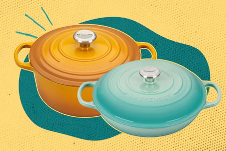 Dutch oven and braiser over an illustrated background