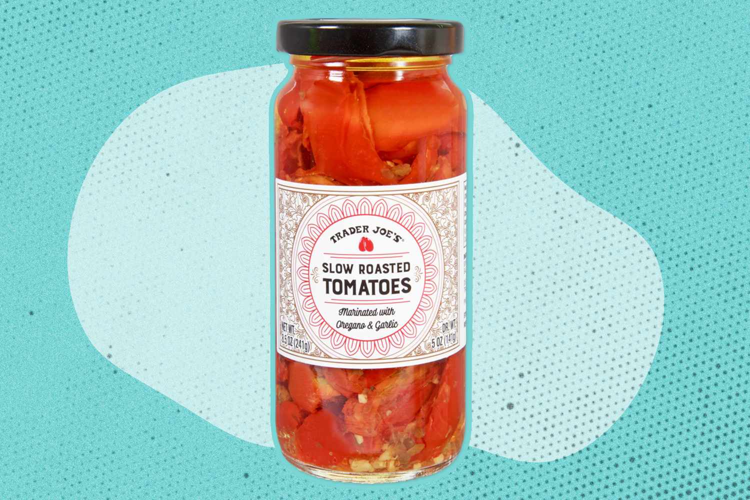 A jar of Trader Joe's slow roasted tomatoes with oregano and garlic label