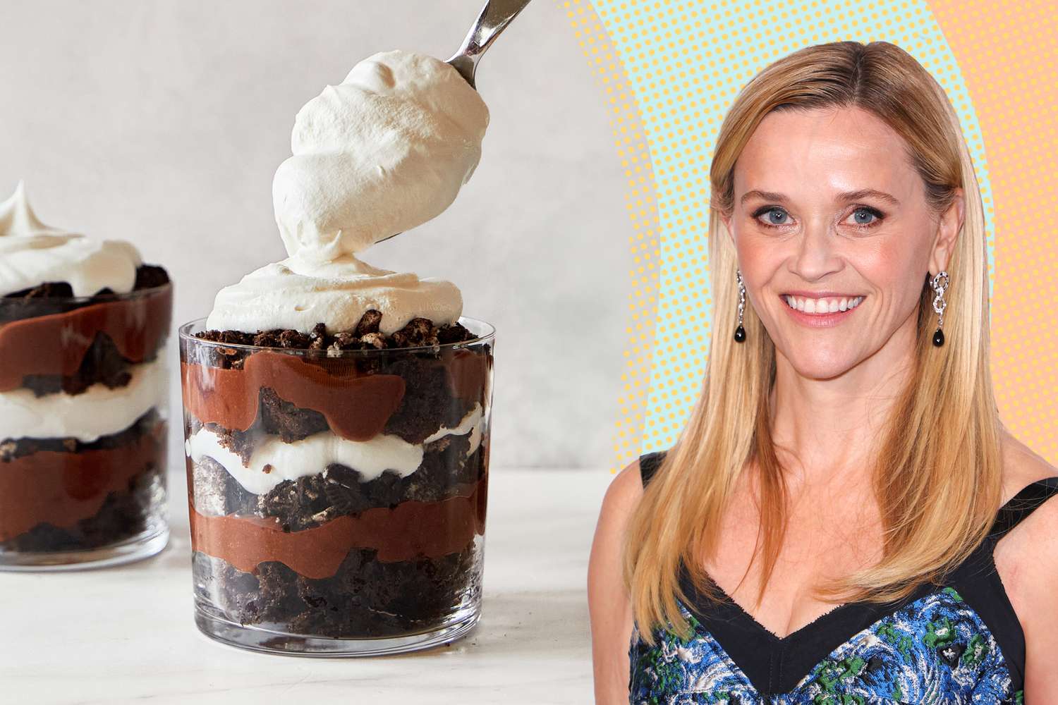 Reese Witherspoon next to glasses of layered dessert being served with whipped cream