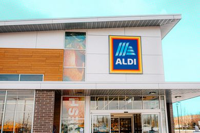 Exterior entrance of an Aldi supermarket