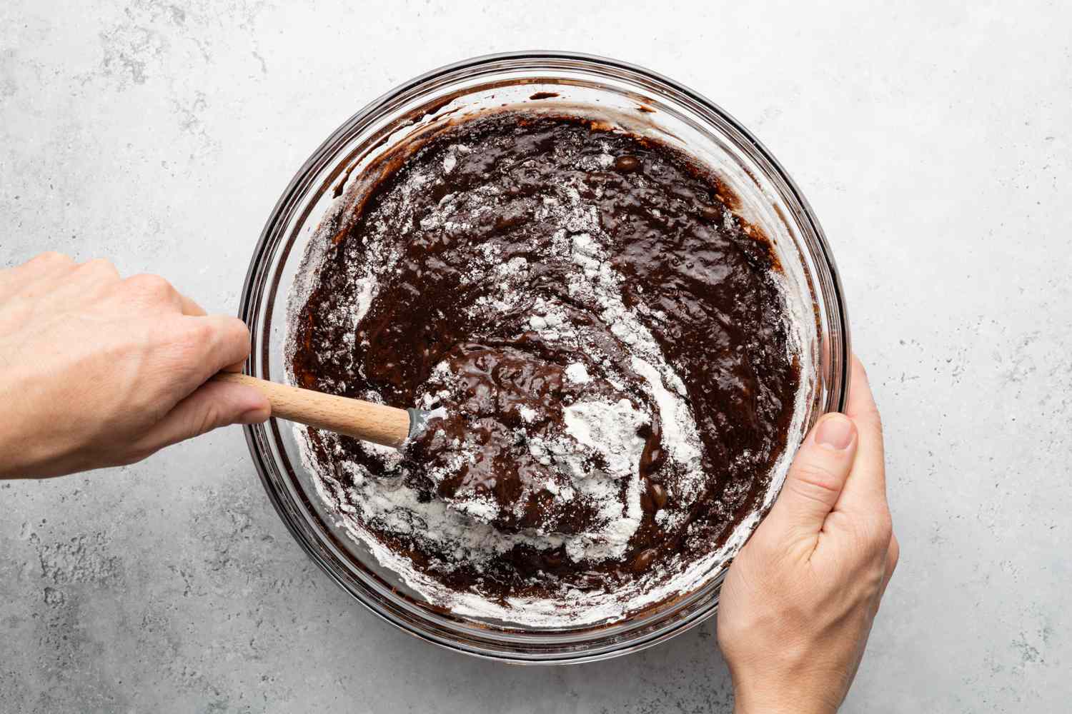 Dry Ingredients Added to Chocolate Tres Leches Cake Batter