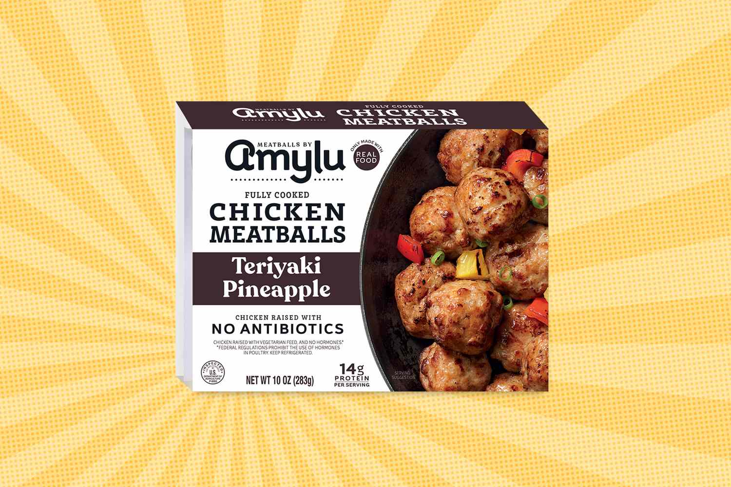 Packaging for Amylu Teriyaki Pineapple Chicken Meatballs with an image of meatballs on the cover