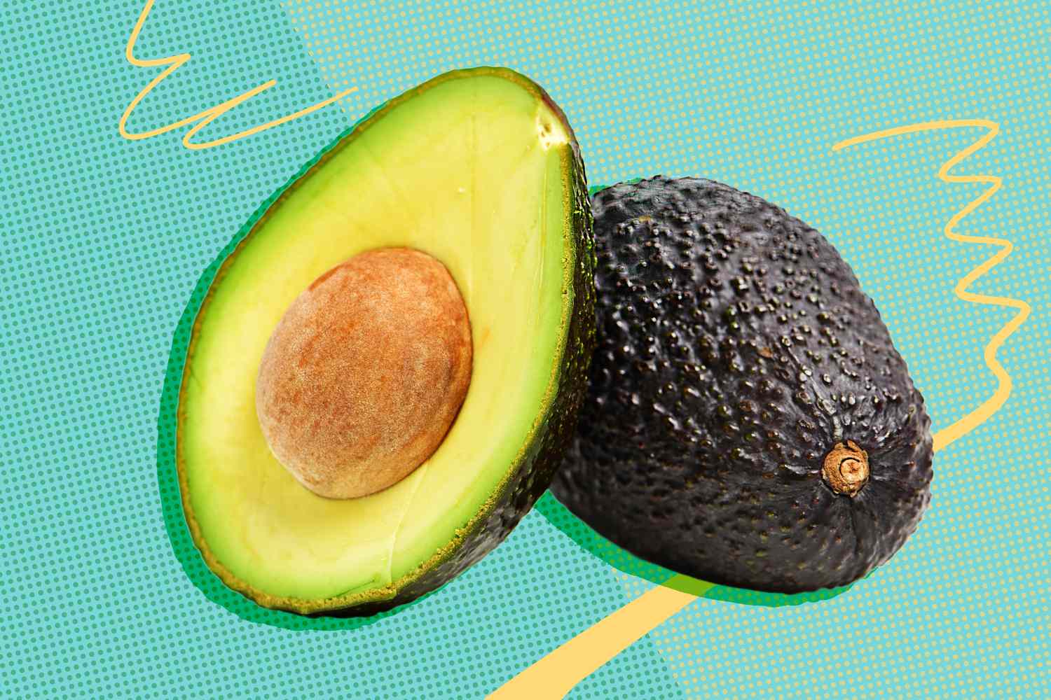 Photo of avocados (one cut in half with pit and flesh facing forward) on an illustrated background