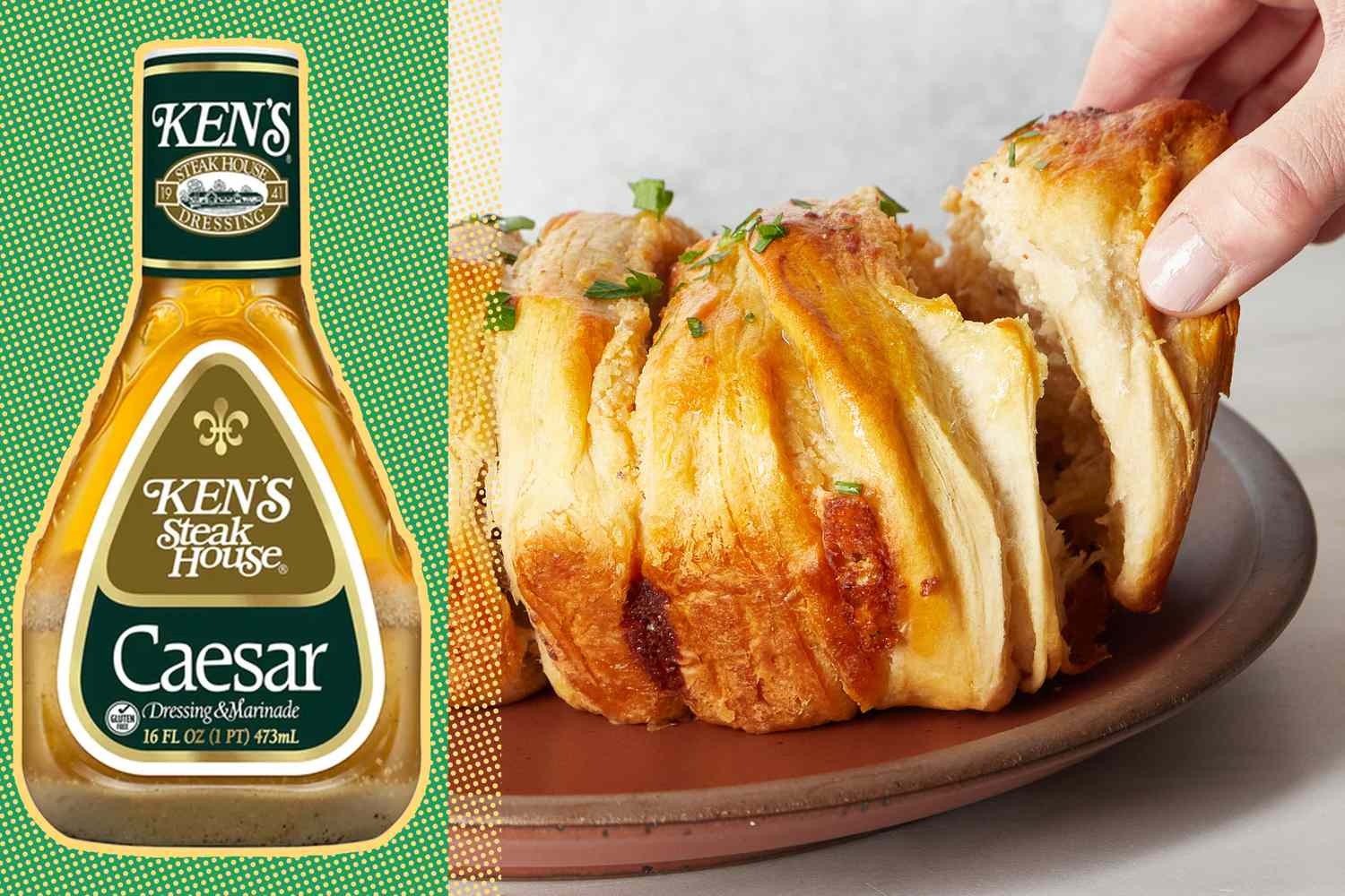 Caesar dressing bottle next to sliced pullapart bread