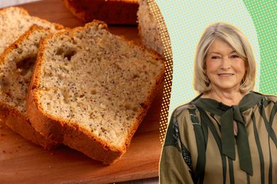 Martha Stewart next to a few slices of banana bread