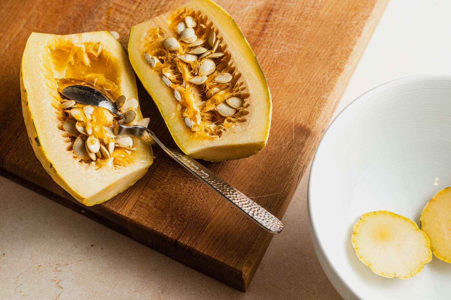 Delicata Squash Halved and Deseeded for Squash Pakoras