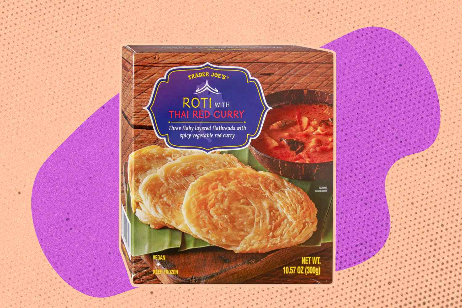 Trader Joe's Red Curry Roti package on an illustrated background