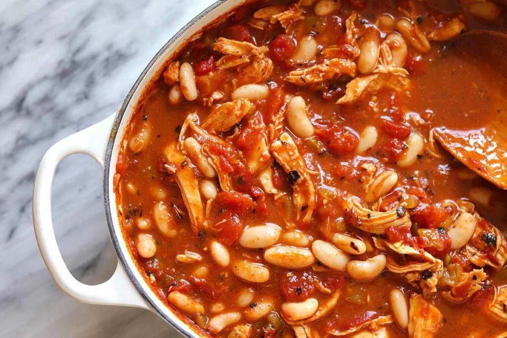 Buffalo chicken chili in a dutch oven
