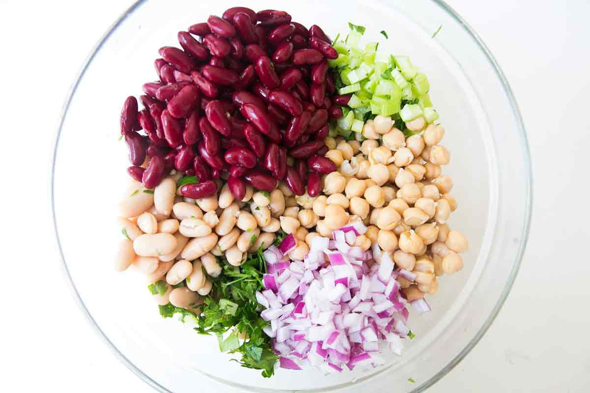 Ingredients for a three bean salad gathered 