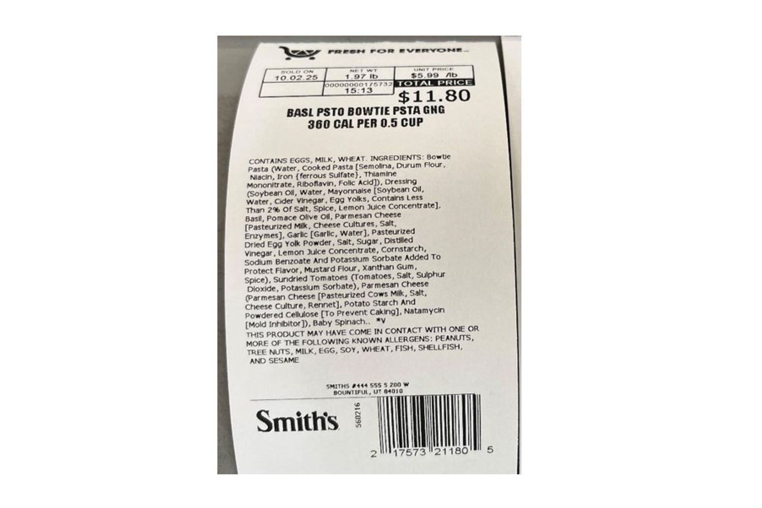 Label of a Basil Pesto Bowtie Pasta product showing ingredients pricing and nutritional information