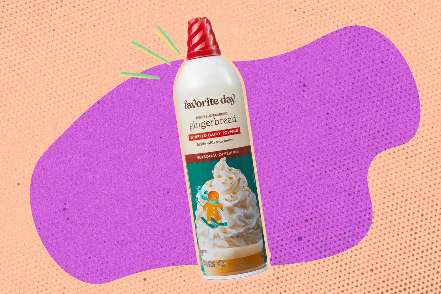 A bottle of store bought gingerbread wipped cream on an illustrated background