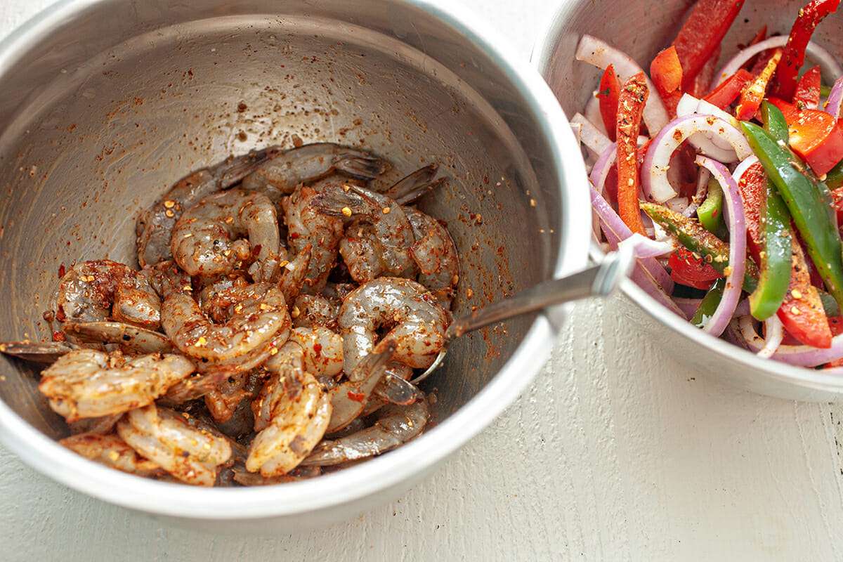 One Pan Shrimp Fajitas season the shrimp