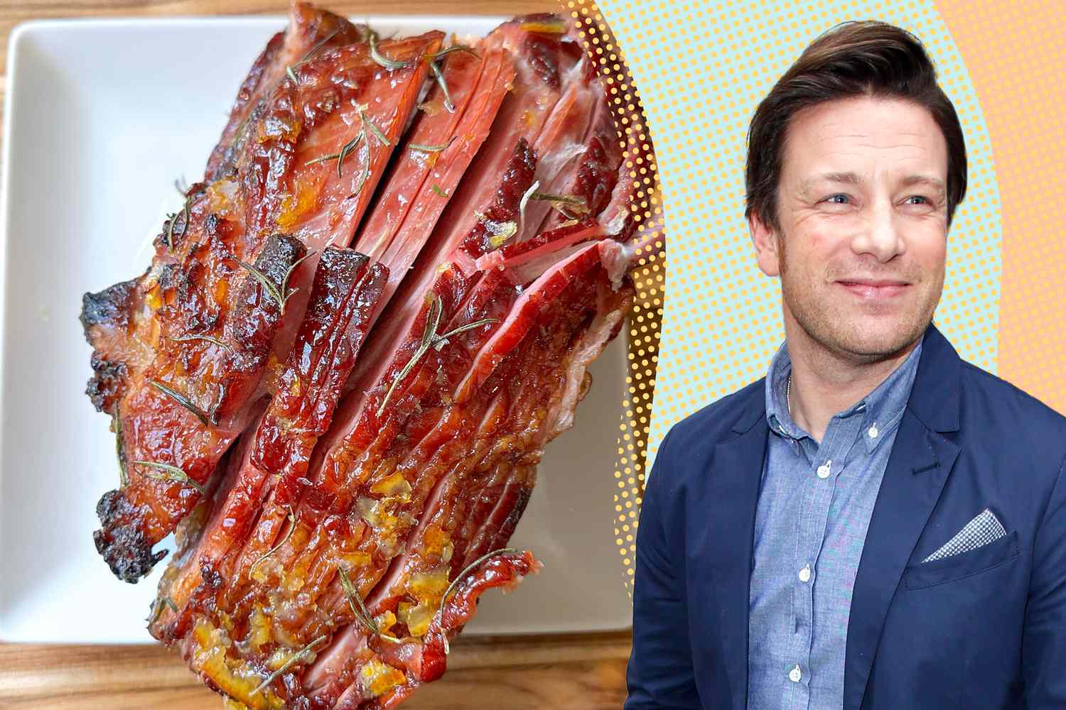 Jamie Oliver next to a sliced glazed ham with rosemary