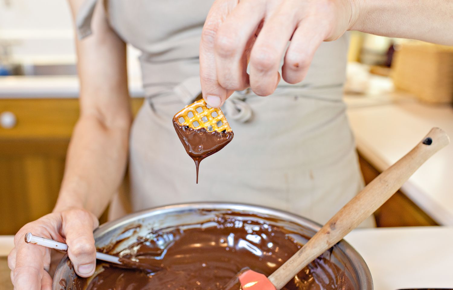 Pretzels Dipped in Tempered Chocolate 