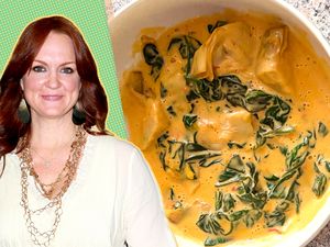 Ree Drummond next to a bowl of her 4-Ingredient Artichoke Dip