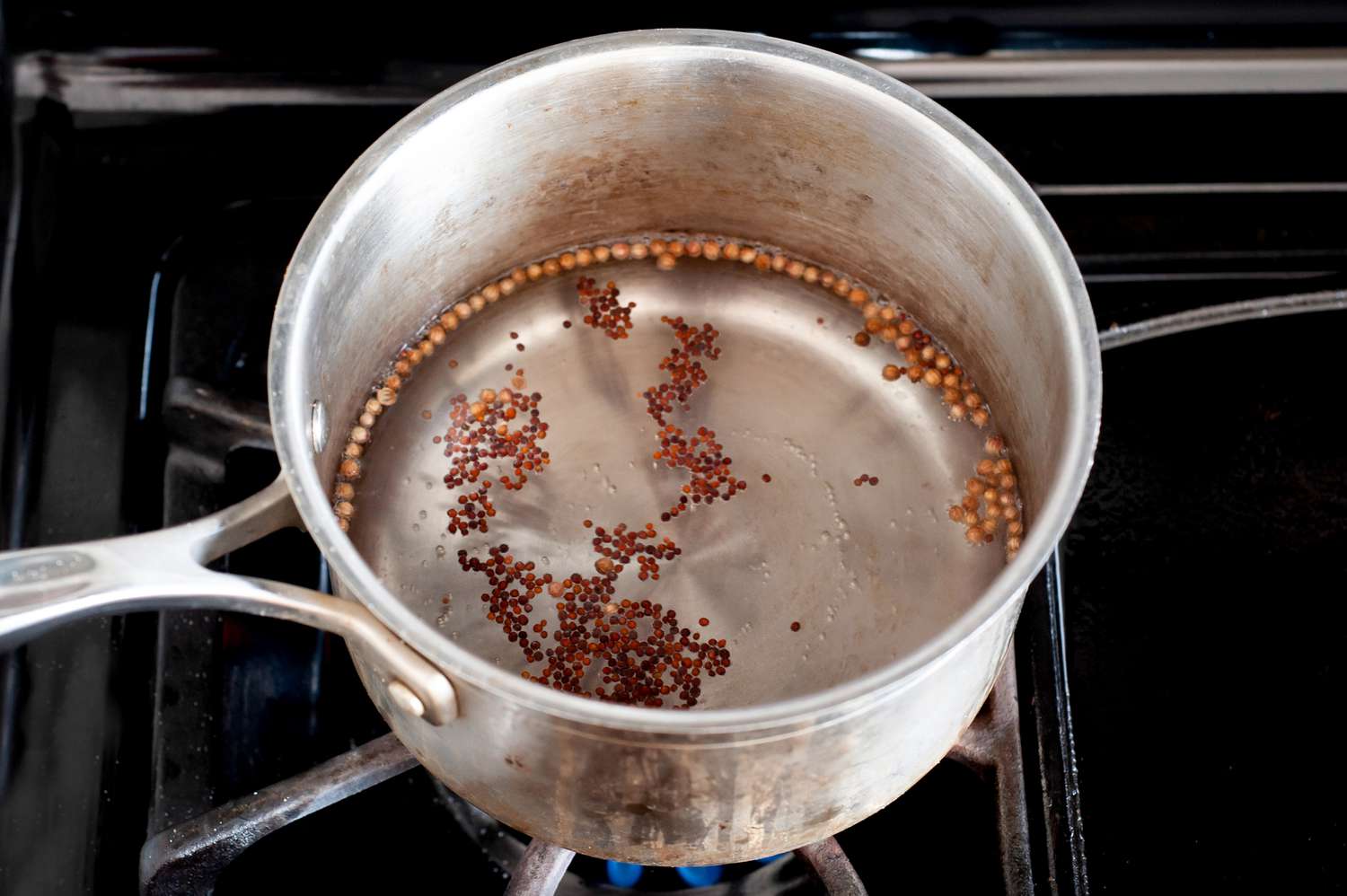 Pickling Brine in a Pot with Mustard Seeds and Coriander Seeds for Pickled Garlic Recipe