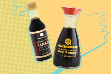 Images of soy sauce and tomari on a yellow background with blue line art
