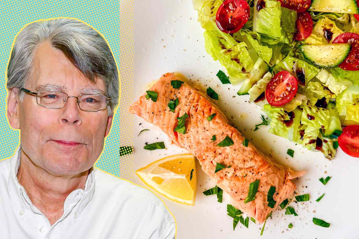 Stephen King portrait and overhead view of salmon dish, Stephen King's 3-Minute Salmon