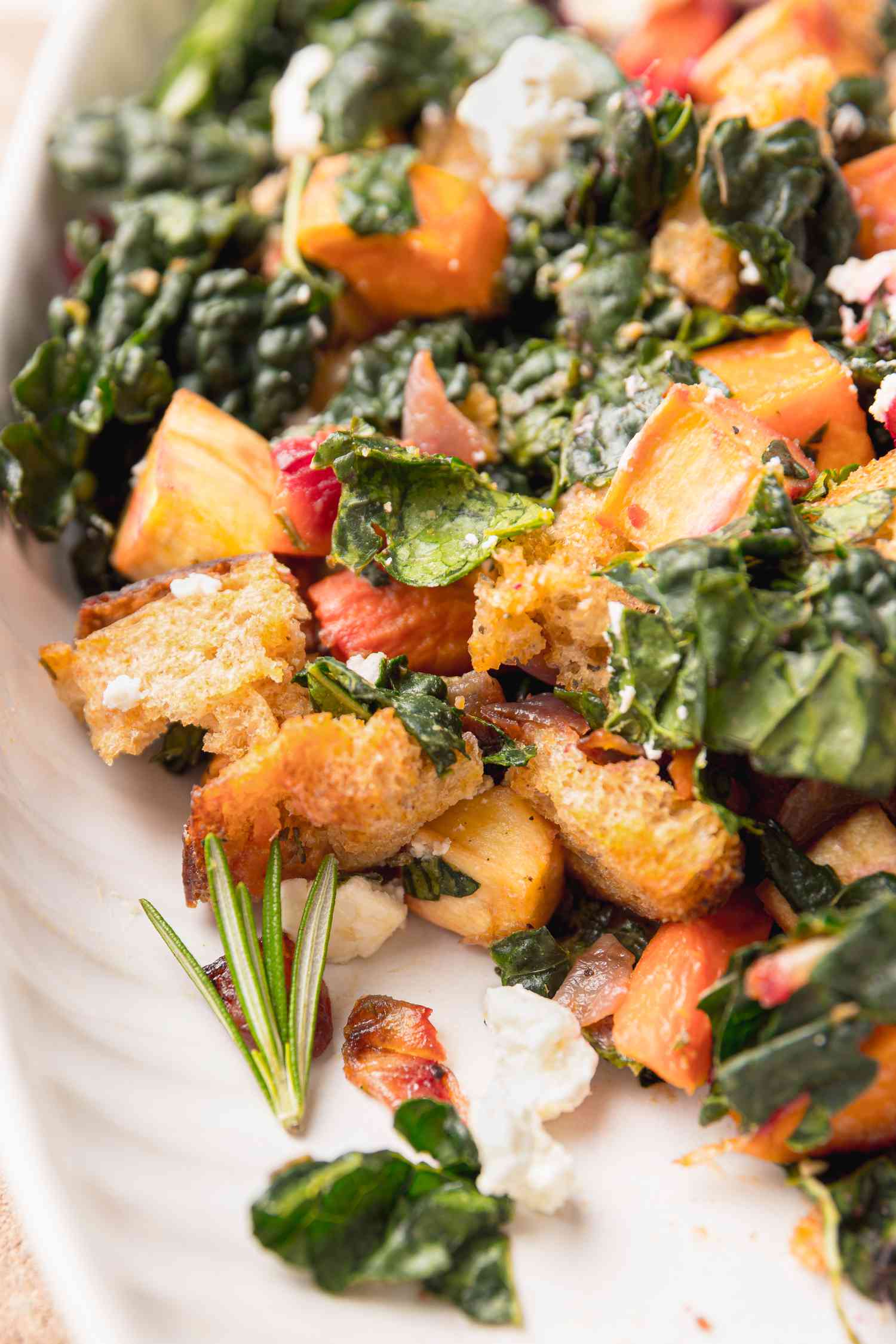Close Up of Roasted Root Vegetable Panzanella in a Platter 