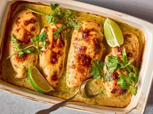 overhead view of baking dish of Cilantro-Lime Chicken