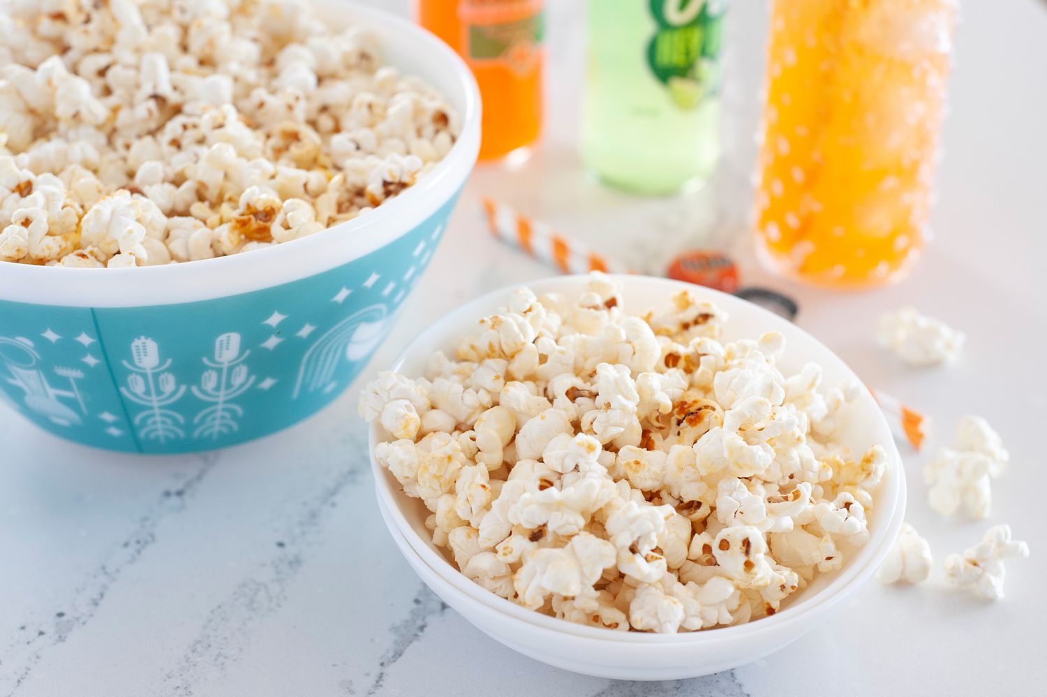 Two bowls of sweet kettle corn.
