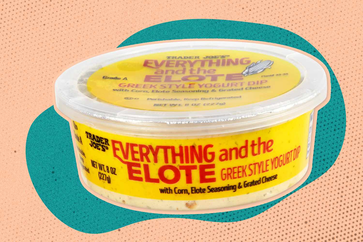 Photo of a container of Trader Joe's Everything and the Elote Greek Style Yogurt Dip on a green and pink speckled background