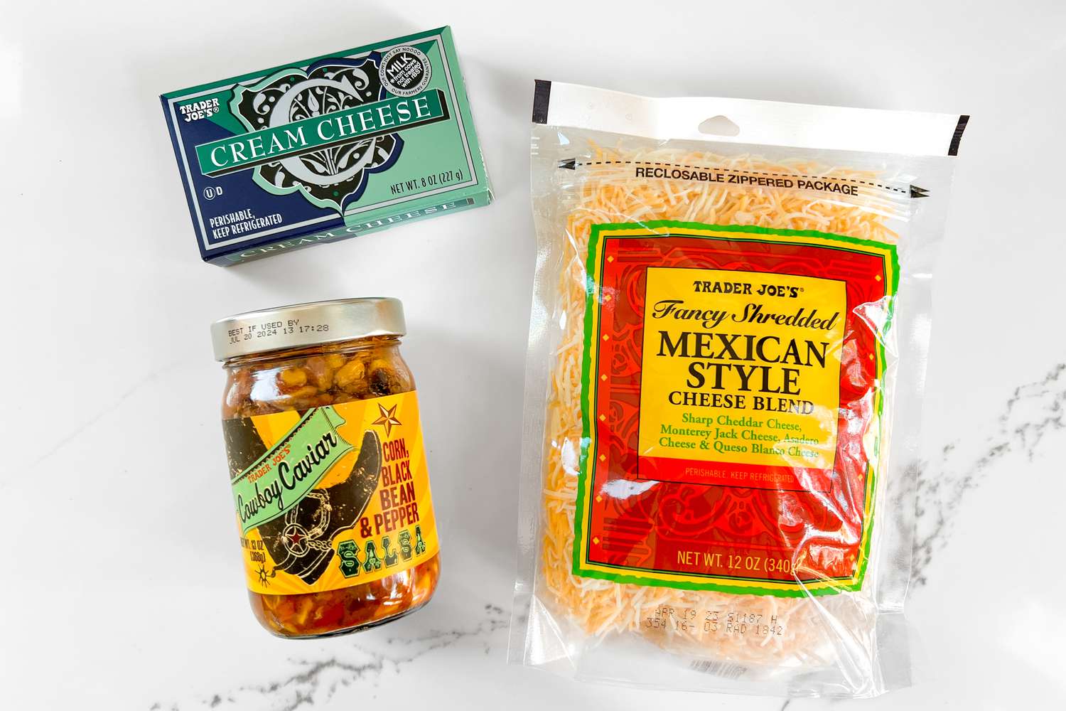 Cream cheese, cowboy caviar, and Mexican-style cheese
