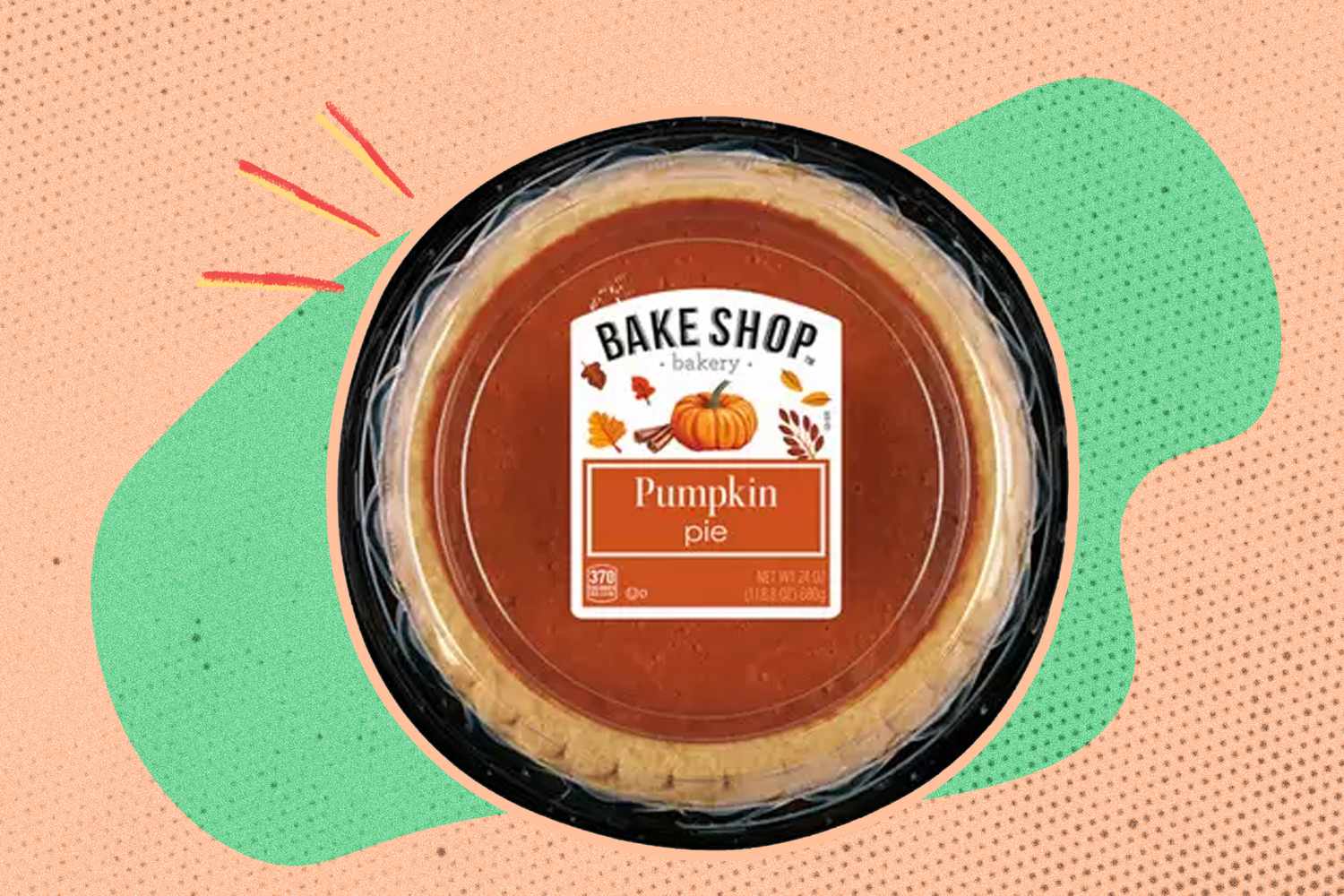 An ALDI pumpkin pie on an illustrated background