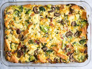 Overhead shot of the finished breakfast casserole in a 9x13 baking dish