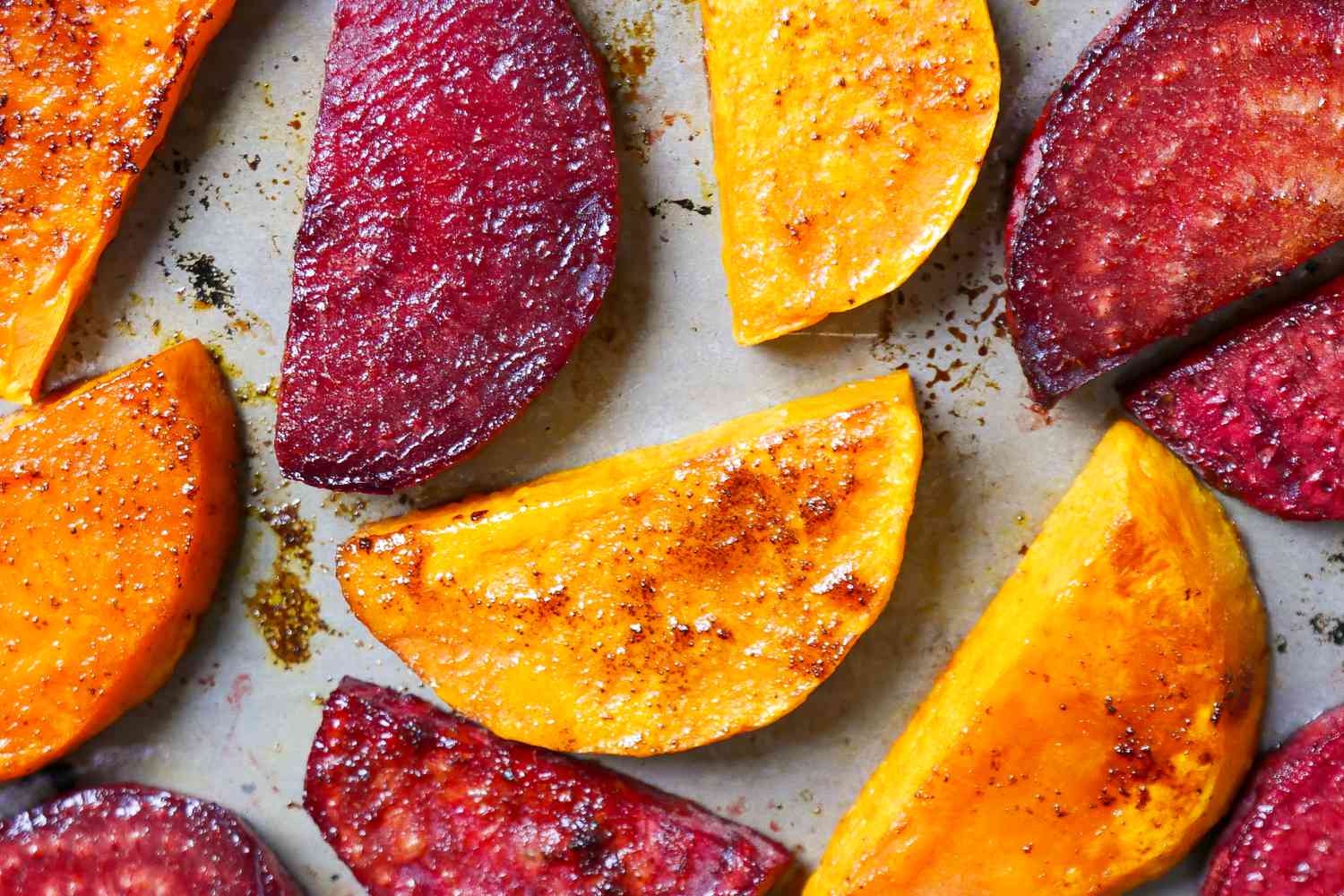 Roasted beets on a baking tray