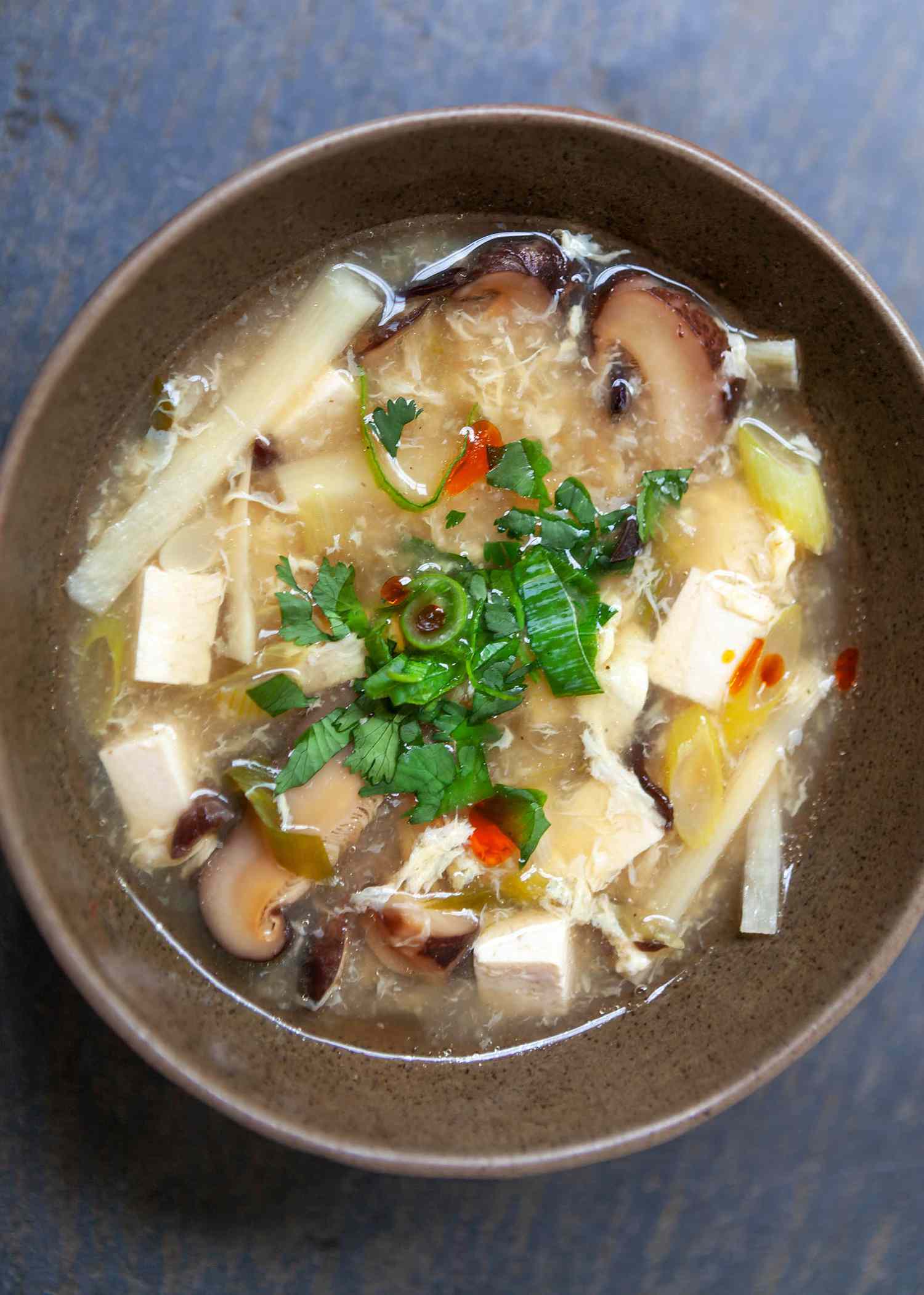 Hot and sour soup in a bowl.