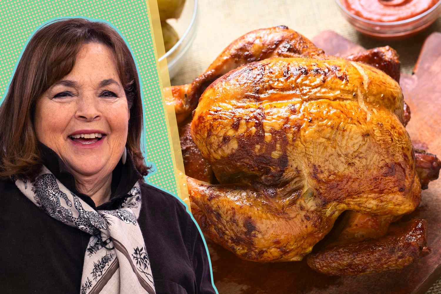 A split image of Ina Garten and a crispy roasted whole chicken