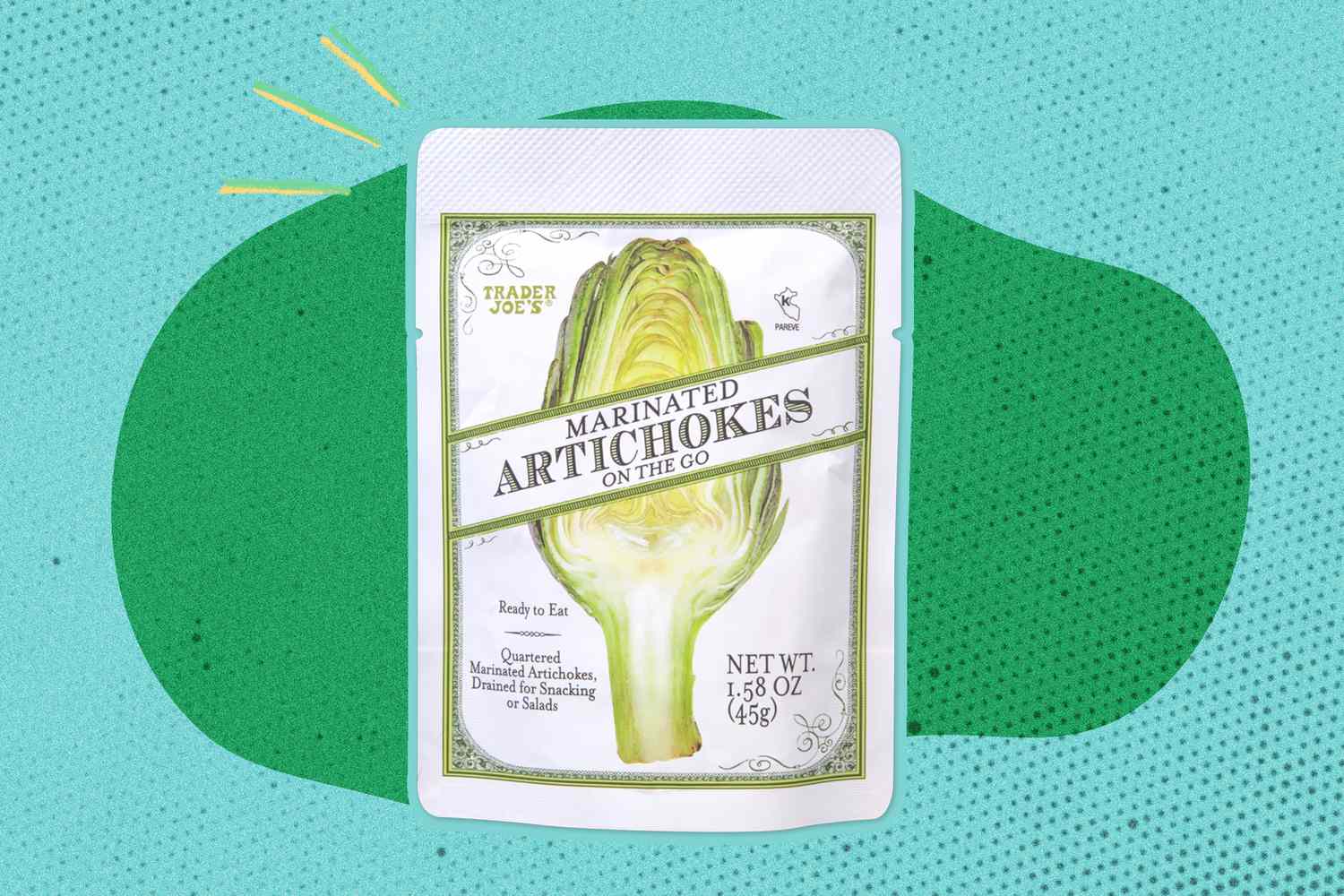 Marinated Artichokes package on a color block background 