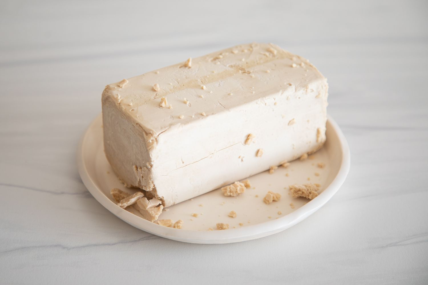 Cake yeast on a plate for Types of Yeast.