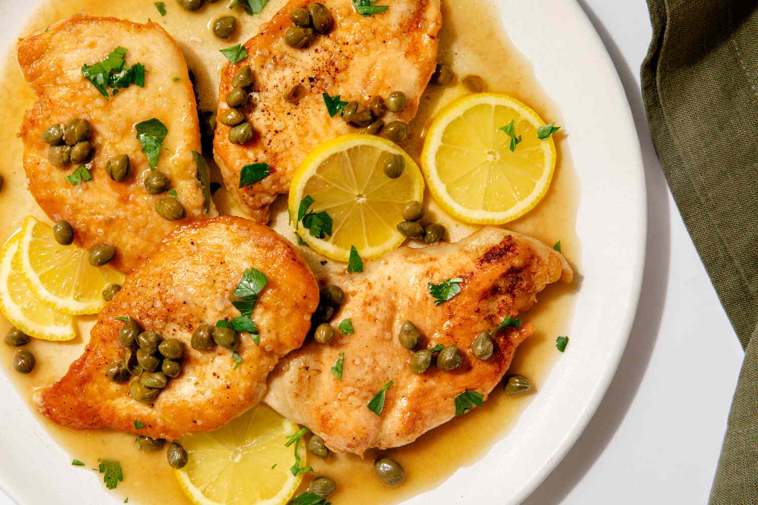 Overhead shot of a plate of chicken piccata