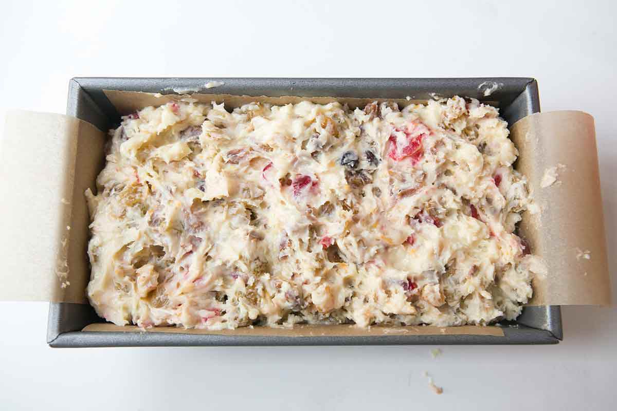 Transfer the fruitcake batter to a baking pan