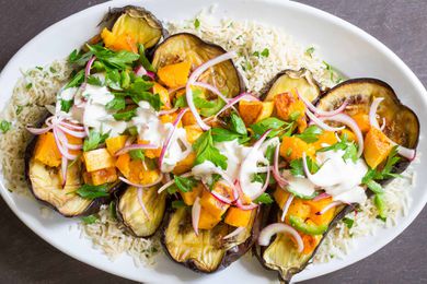 Roasted Eggplant and Squash with Tahini-Yogurt Sauce