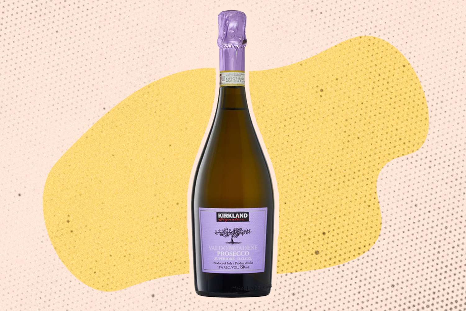 Costco Kirkland Signature Prosecco bottle against a yellow background
