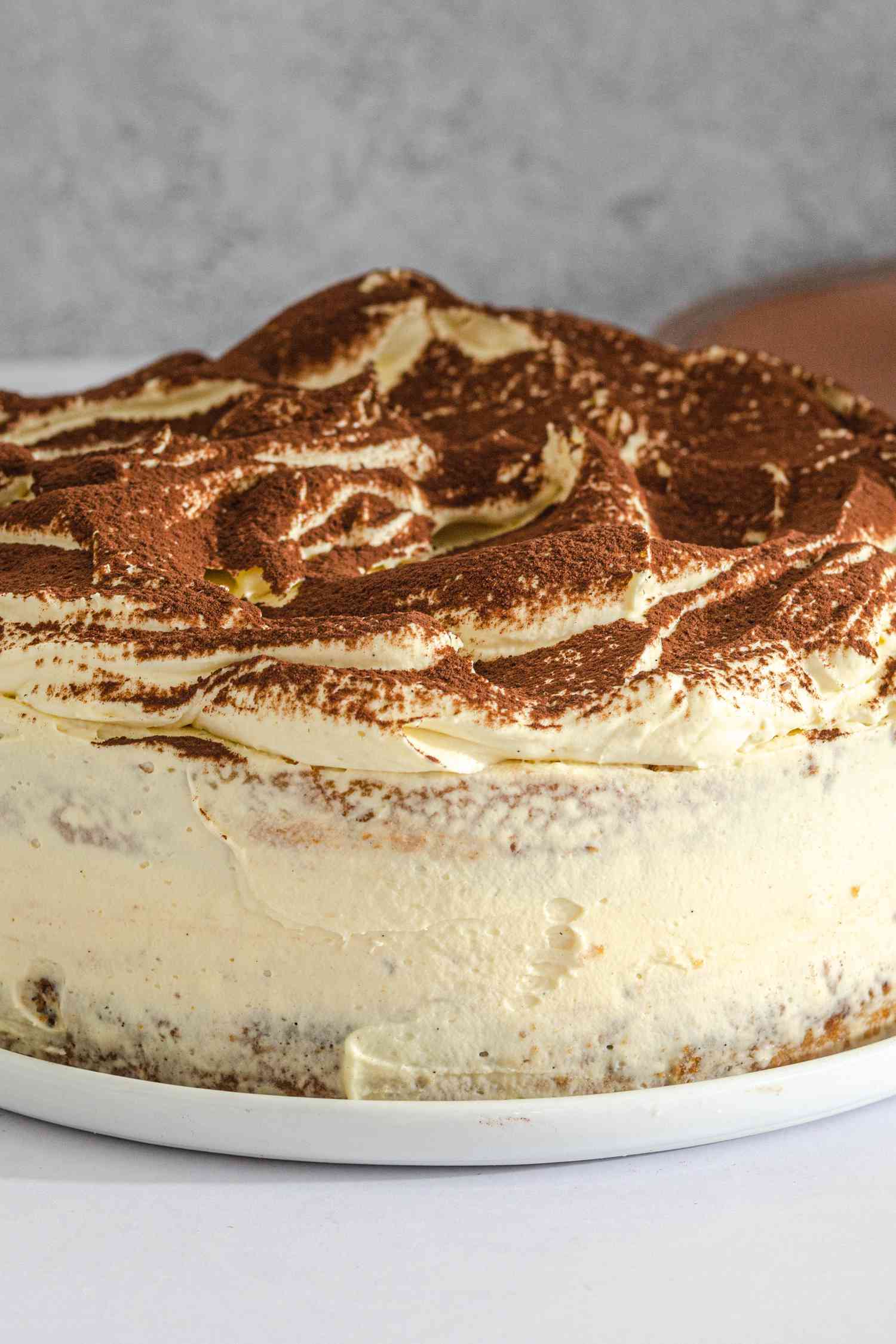 Whole tiramisu cake with chocolate dusting on top.
