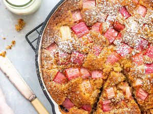 Almond Flour Cake Recipes - rhubarb cake in skillet with slice cut