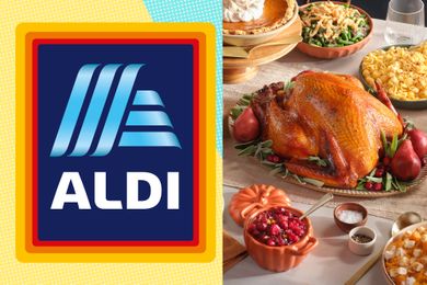 Aldi logo next to a Thanksgiving feast including turkey and side dishes