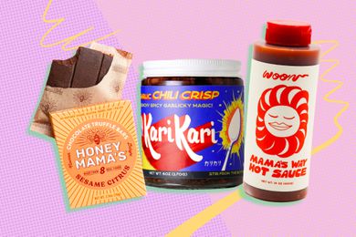 An image of three products on a colorful background: Honey Mama's Sesame Citrus truffle bar, Kari Kari chili crisp, and Woon Mama's Way hot sauce