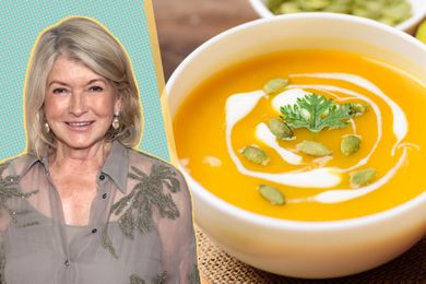 Martha Stewart next to a bowl of butternut squash soup topped with garnishes