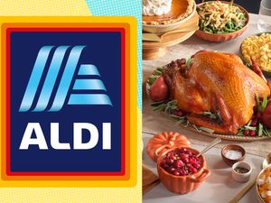 Aldi logo next to a Thanksgiving feast including turkey and side dishes